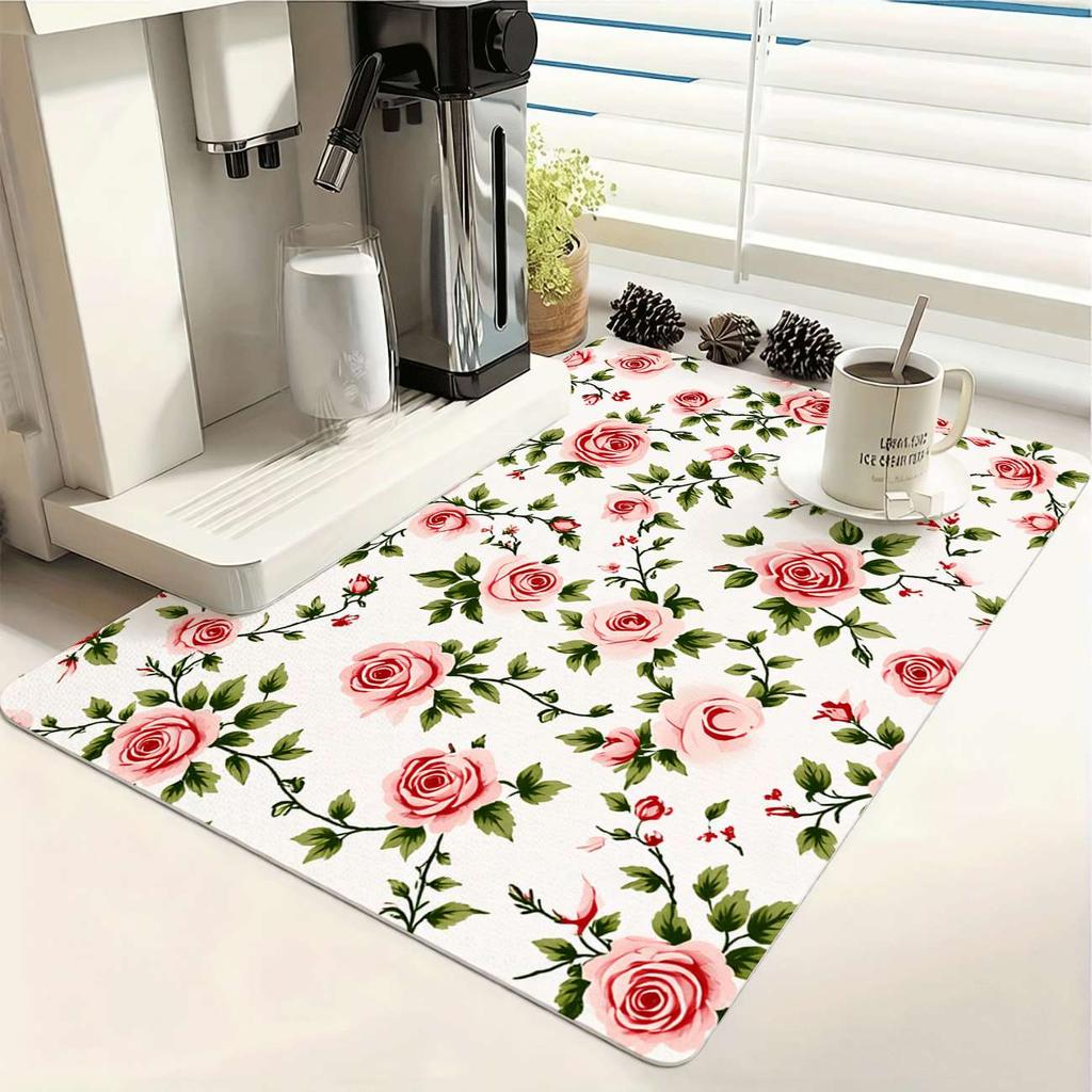 1Pcs Rubber Drying Mat With  Floral ButterflyPrint For Coffee Shop Restaurant Kitchen Carpet Tableware Durable Diatom Mud Table Mat Pet Mat Coffeeware