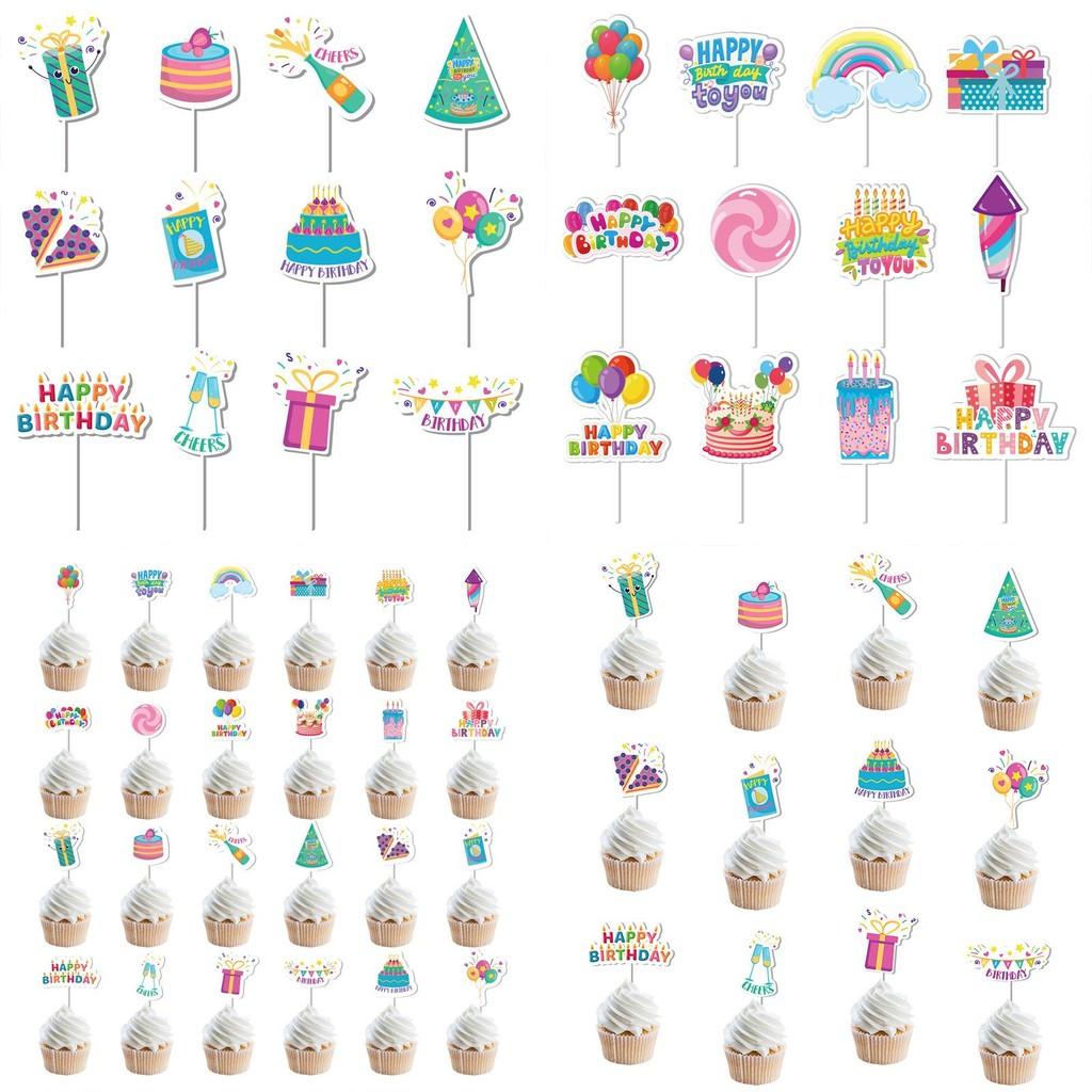 Cake Birthday Happy Toppers With Paper Flags For Party Decoration Set Of 12