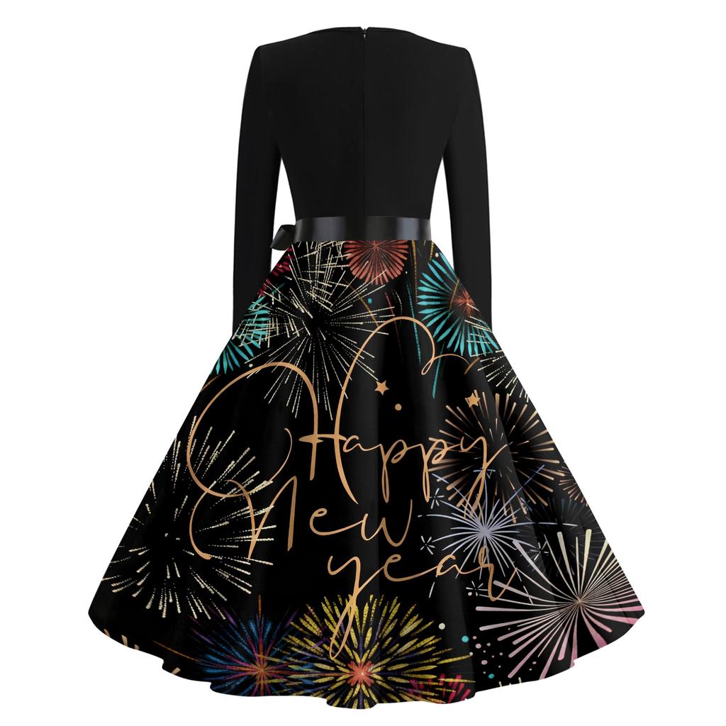 Women's Casual Fashion Round Neck Long Sleeve New Year Printed Retro Dress