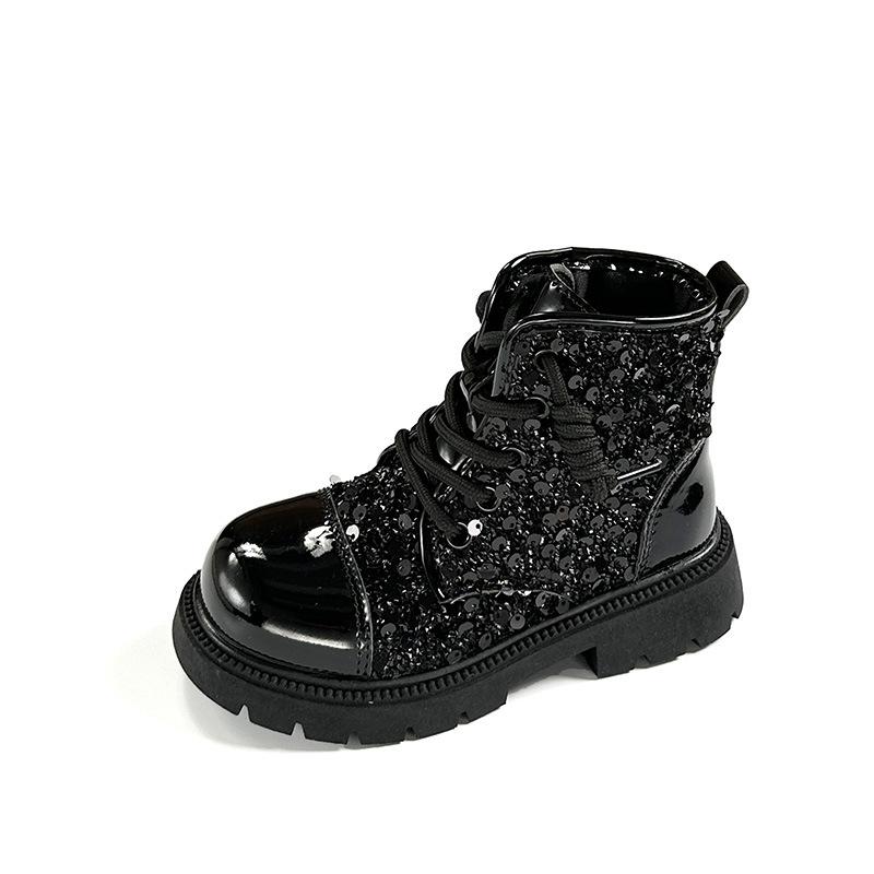 

Детские ботинки для девочек Блестящие пайетки Повседневные Для малышей Кожаные ботинки Модные Новые Универсальные Детские ботильоны Пэчворк Круглый носок 26 чёрный