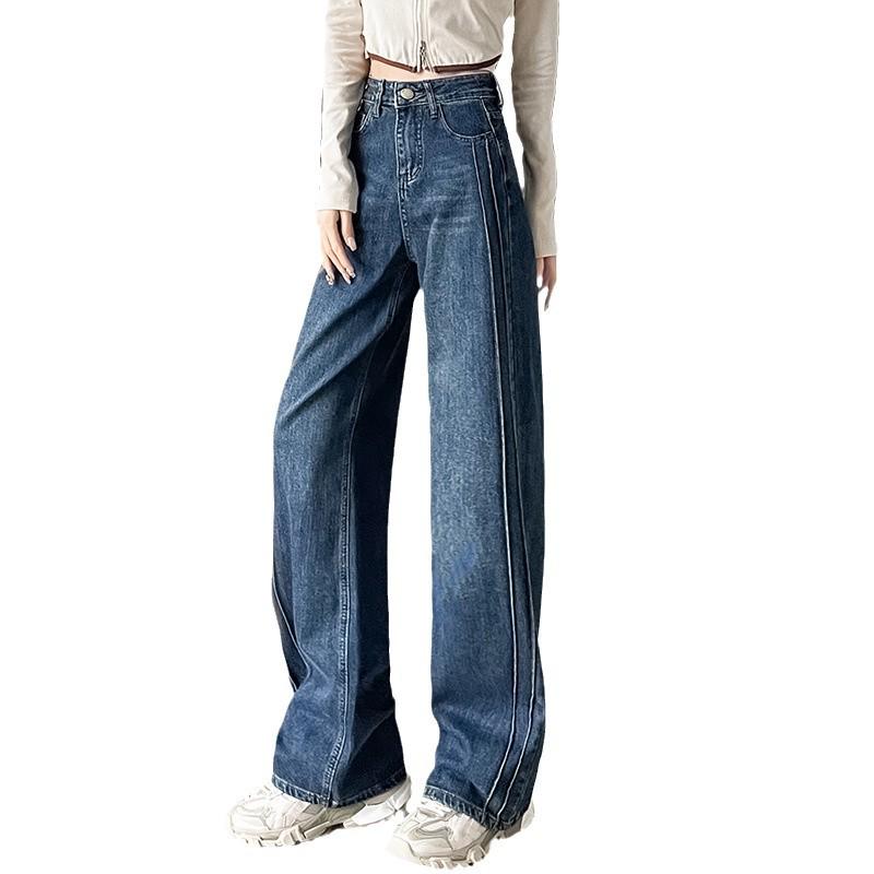 Women's High-Waisted Retro Blue Fleece-Lined Wide-Leg Jeans - Autumn/Winter 2024