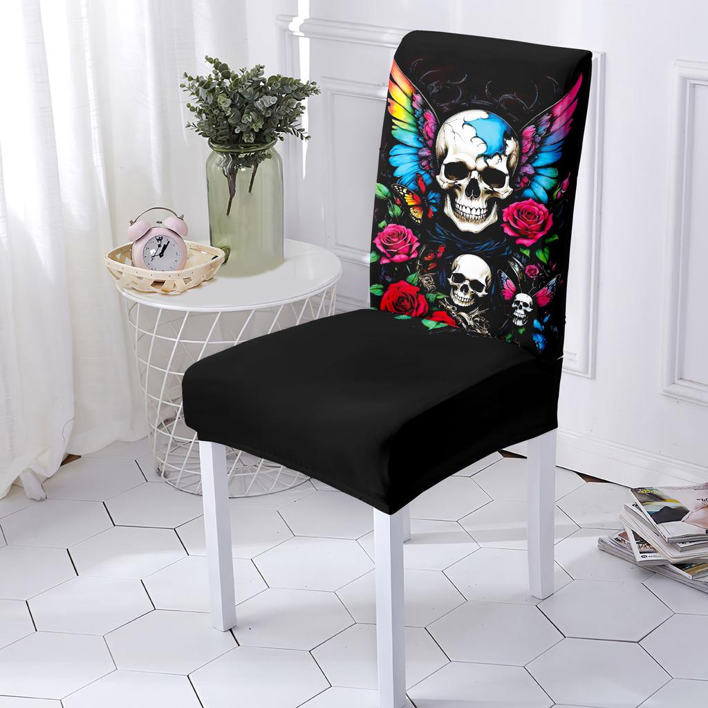 Elastic Chair Cover Skull Print Non-Slip Decorative Snug-Fit Machine Washable Seat Cover Halloween Holiday Decor Chair Protector