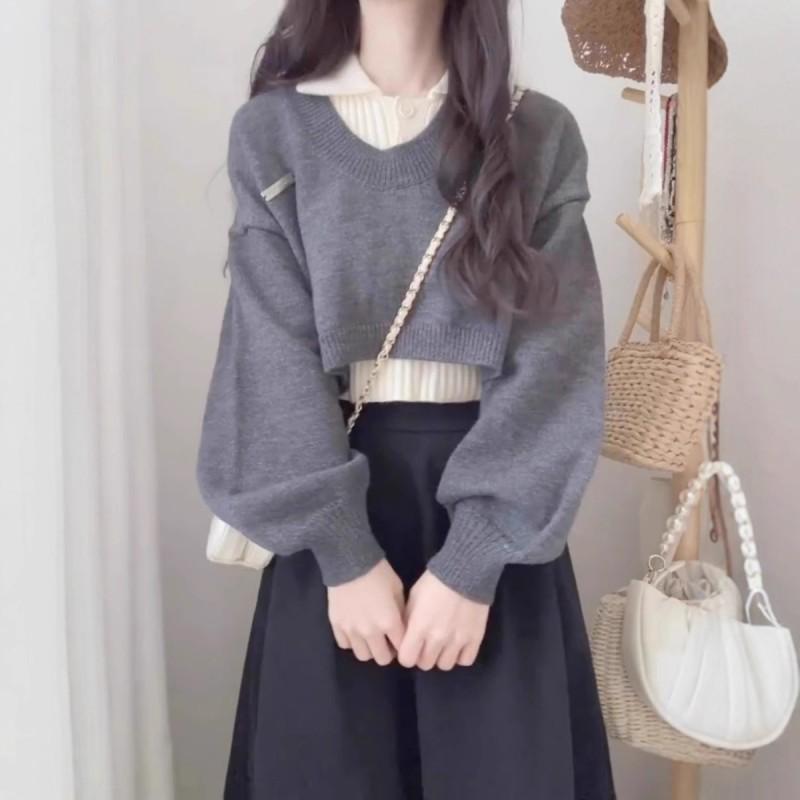 Womens Short Polo Neck Sweater 2 Piece Set Casual Knit Top Slim Waist Winter