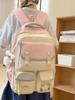Cute Korean Style Color Block Backpack, Large Capacity for Junior & High School Girls, Laptop Compatible