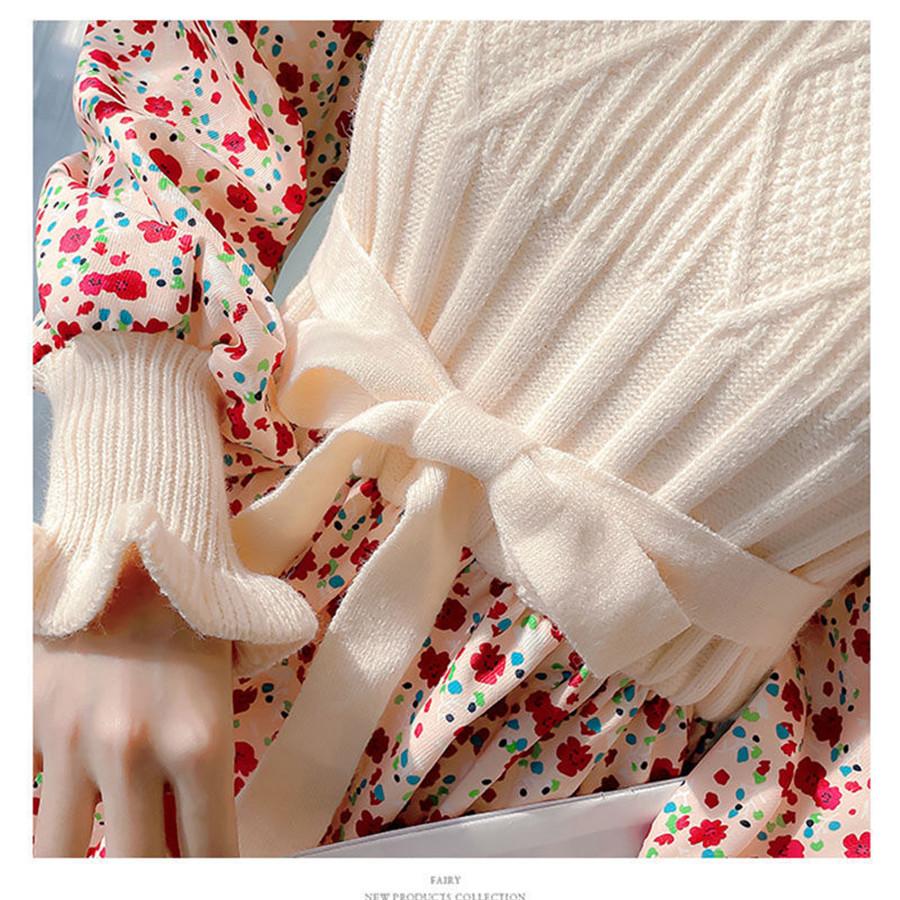 Autumn Sweater Dresses for Women Winter Splicing Pullover Bandage Slim Knitting Dress Sweet Corduroy Floral Print Dress