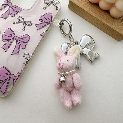 Ins Style Pearl Bear Key Chain Plush Bunny Bowknot Phone Pendant Headphone Case Charm Bag Decor Car Key Ring