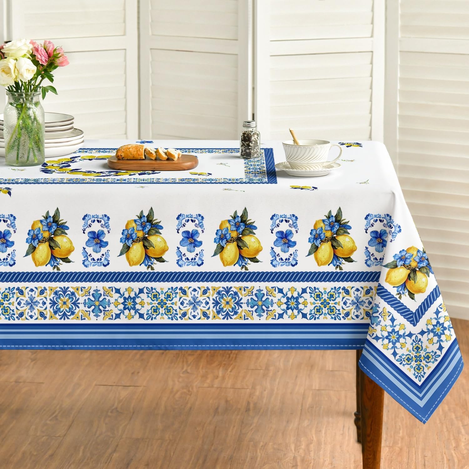 Jingyue Pet Unisex Blue Summer Lemons Fruit Tiles Rectangle Tablecloth For Table Decor Washable Farmhouse Kitchen Dining Tablecloth Party Decor