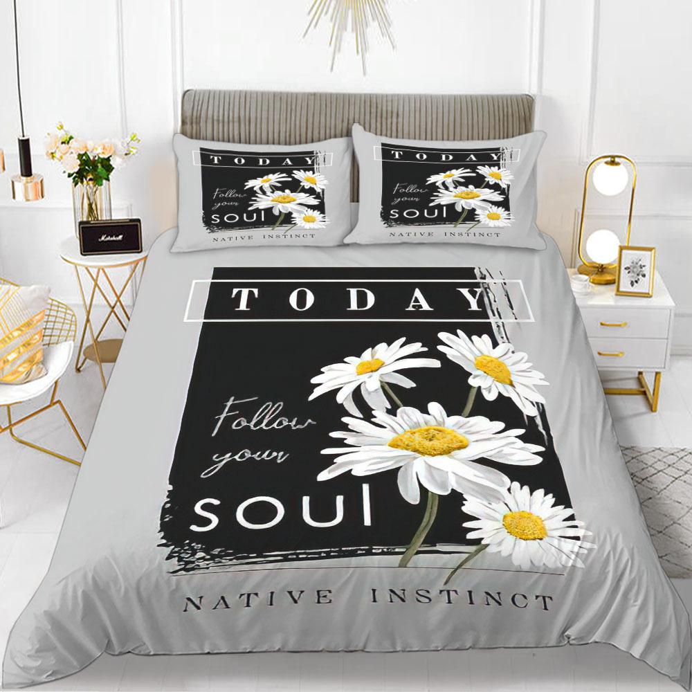 Flower Duvet Cover Set Words White Background with Colourful Flowers Pattern Bike King Size for Boys Girls Polyester Bedding Set