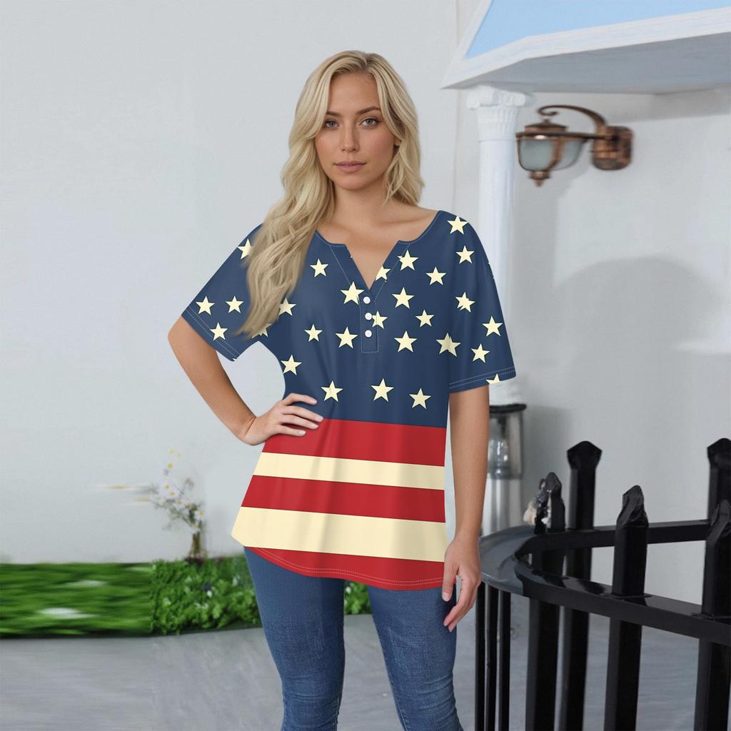 Women's T Shirt Tee Print Button Short Sleeve Daily Weekend Fashion Basic V- Neck Regular Top