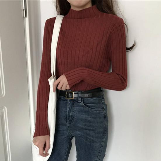 T-shirt moulant col semi-roulé manches longues tricot côtelé tops automne hiver chemise à superposer décontractée bureau soirée