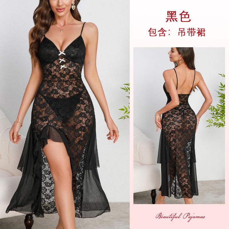 Multi-Style Sexy Lace Mesh Nightgown Deep V High Slit Print Cami Pajamas Women's Loungewear Versatile Seductive Sleepwear Collection with Diverse
