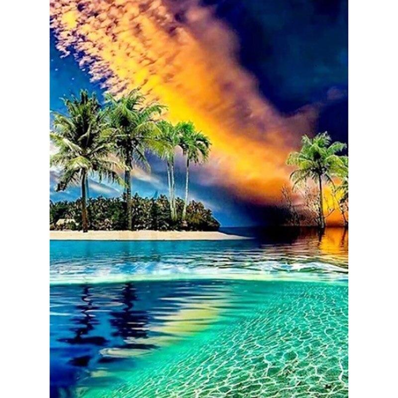 5D DIY Flower Diamond Painting Scenery Sea Sunset Diamond Embroidery Full Round Drill Rhinestone Mosaic Home Decor Gift