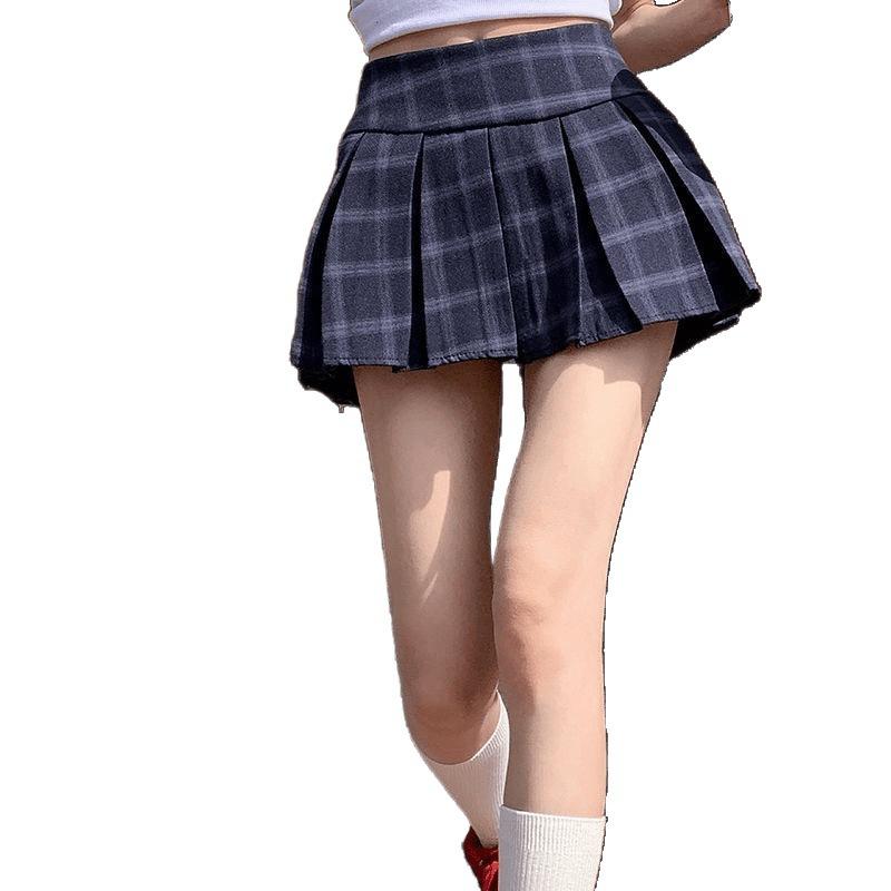 Vintage Blue Plaid Pleated Skirt Women's Summer College Style Hottie Low Waist Anti-light JK Short Skirt Wrinkle-resistant Plaid Pleated Skirt
