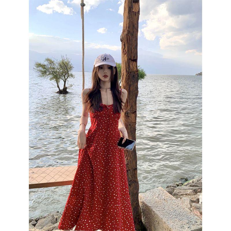 Kumikumi French Style Vacation Style Red Small Floral Sling Dress Women's Summer Tight Waist Slimming A- Line Skirt Long Dress