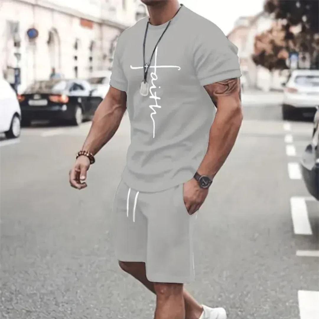

Мужская футболка и шорты, комплект, модный мужской костюм с коротким рукавом и принтом креста, комплект из двух предметов, большой размер, уличный пляжный спортивный мужской костюм больших размеров S