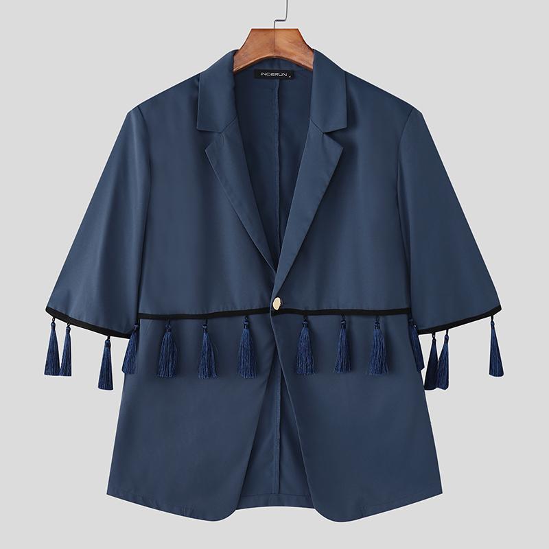 

INCERUN Мужской блейзер с лацканами, с короткими рукавами, с кисточками, тонкий, повседневный костюмный пиджак 5XL темно-синий