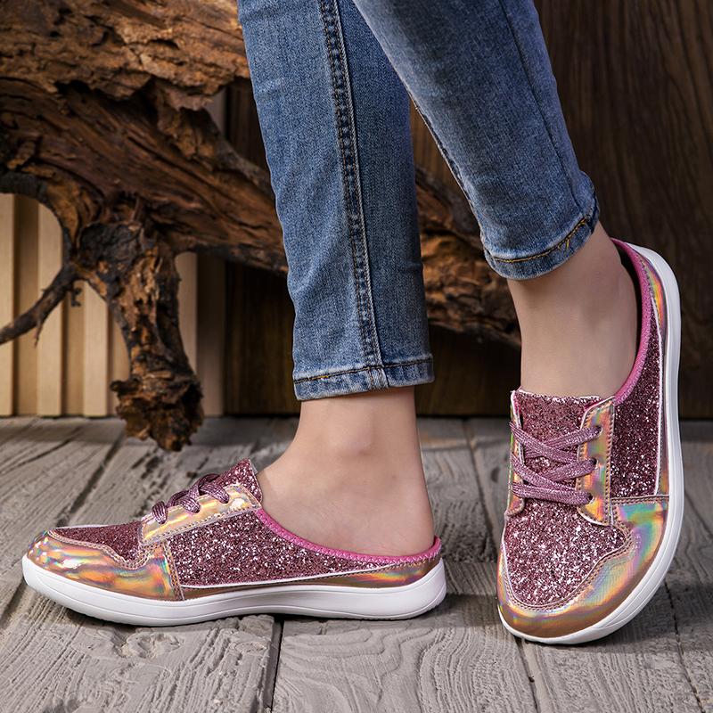 Pink Sequins Women's Flats Shoes Fashion Casual Glitter Sneakers Woman Half Slippers Summer Luxury Comfort Walking Loafers Shoes