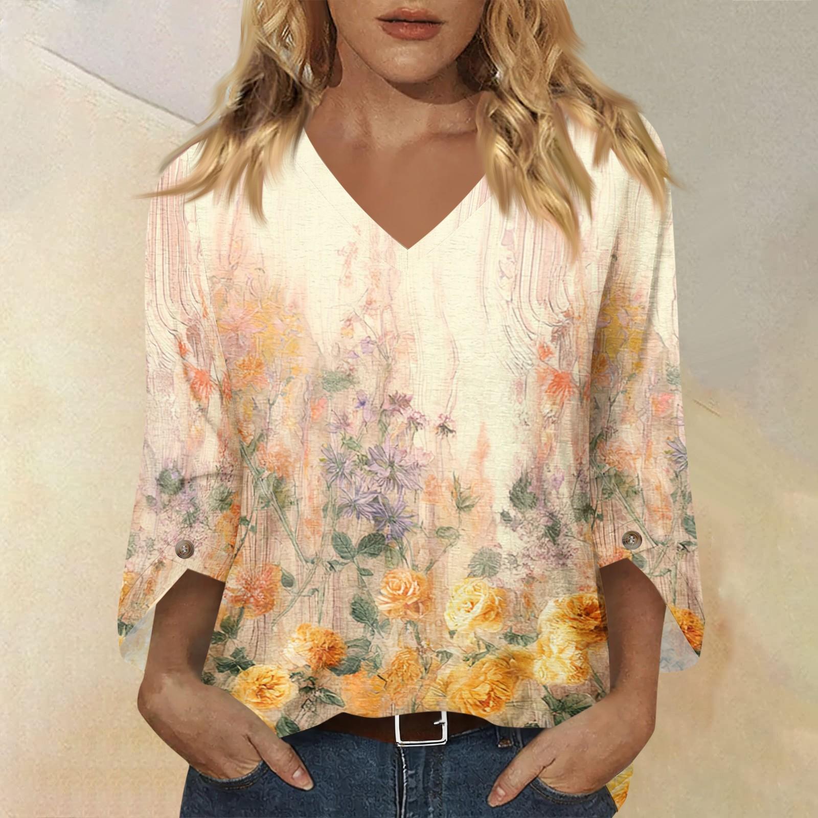 

Women’s Casual Floral Print V Neck Three Quarter Sleeve Relaxed Fit Lightweight T Shirt Top for Everyday Wear XXXL жёлтый