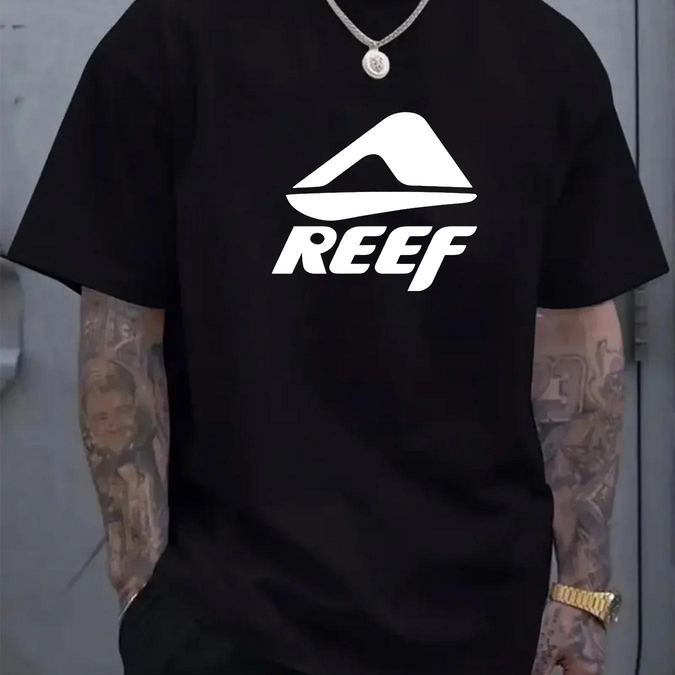 

Mens summer 100 pure cotton fashionable casual loose geometric pattern REEF letter printed round neck short sleeved Tshirt S