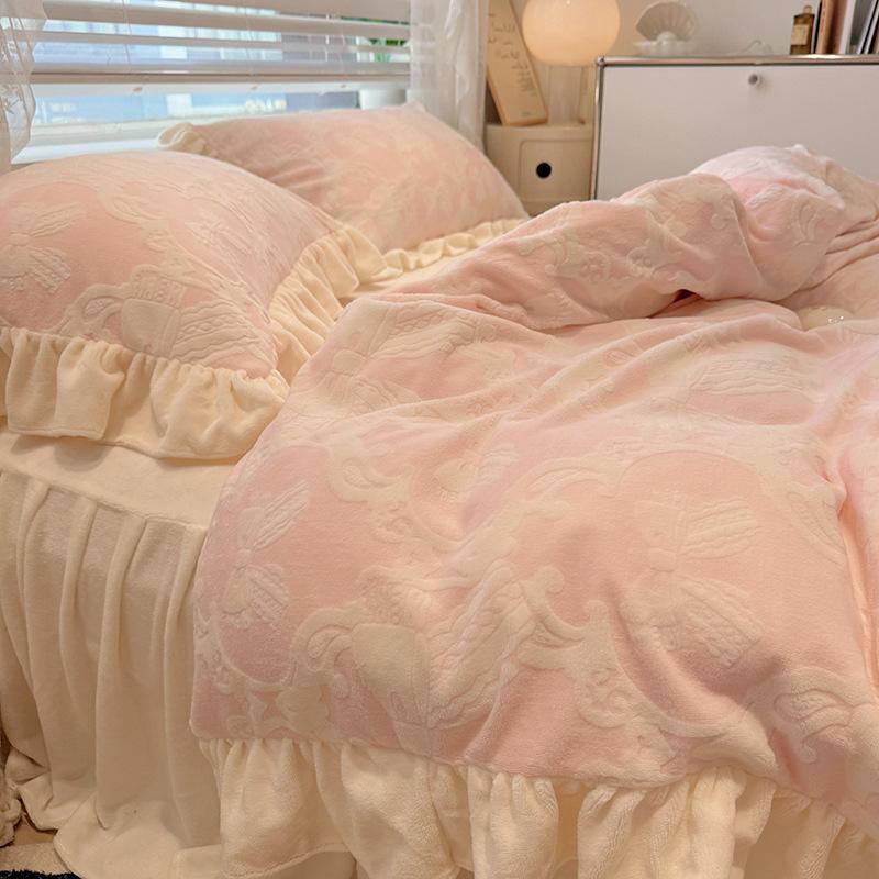 

Pink Flower Thickened Milk Fleece Jacquard Four-Piece Set Warm Flannel Double-Sided Coral Fleece Three-Piece Set 1.2m sheet 3pc| 150x200 quilt core
