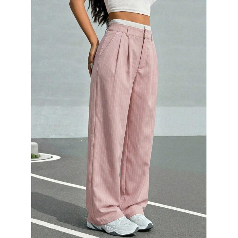 High-Waisted Wide-Leg Striped Trousers Women Office Chic Straight Cut Pants With Pockets Lightweight Stretch Fit