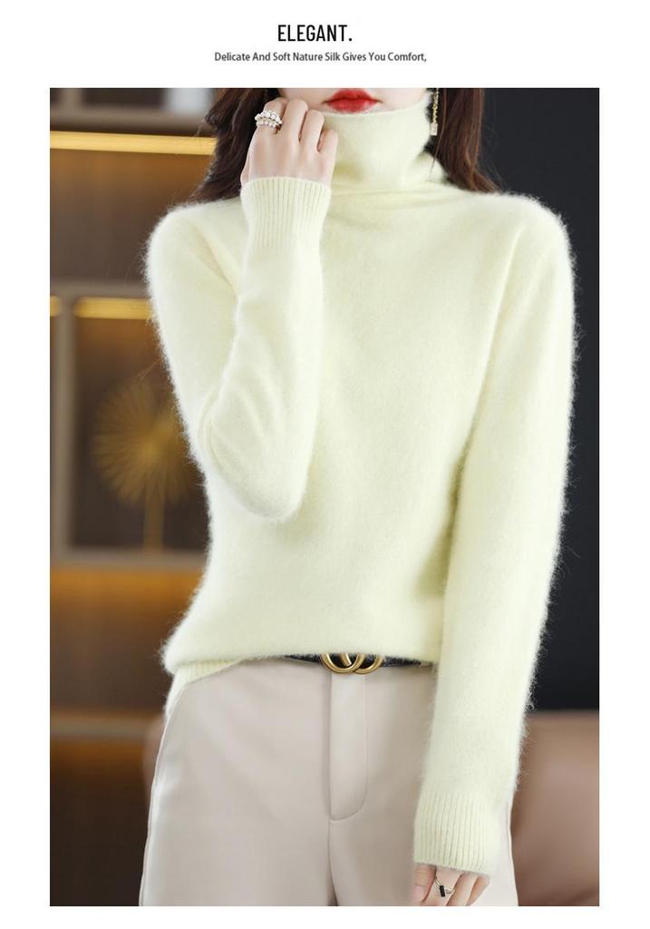 Women's Cashmere High Neck Sweater, Loose Fit, Short Mink Velvet Knit, Base Layer Wool Pullover for Autumn and Winter.