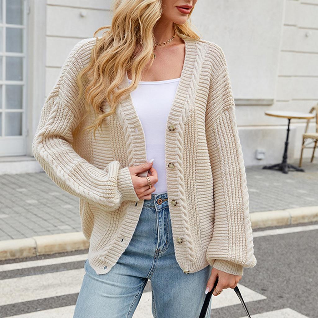 Women's Fashion Solid Color Long Sleeved V-neck Knitted Sweater Cardigan Jacket