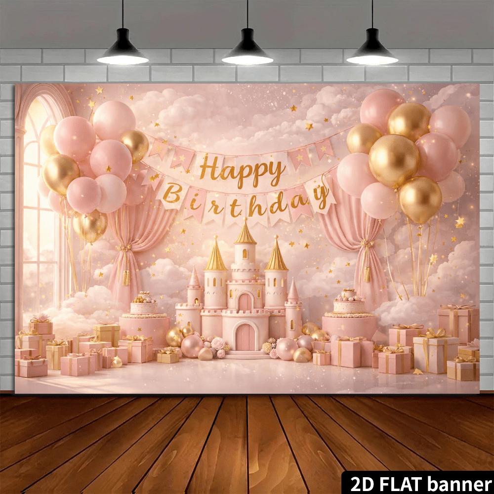 2D Plane Pink Dreamy Castle Birthday Party Backdrop Fabric, with a Central Pink Castle and Golden Pointed Tower On Top
