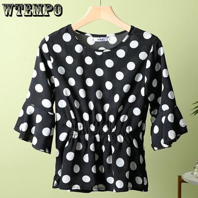 Summer Chiffon T-shirt Women's Trendy Polka Dot Shirt Loose Ruffle Edge Round Neck Mid Sleeve Shirt