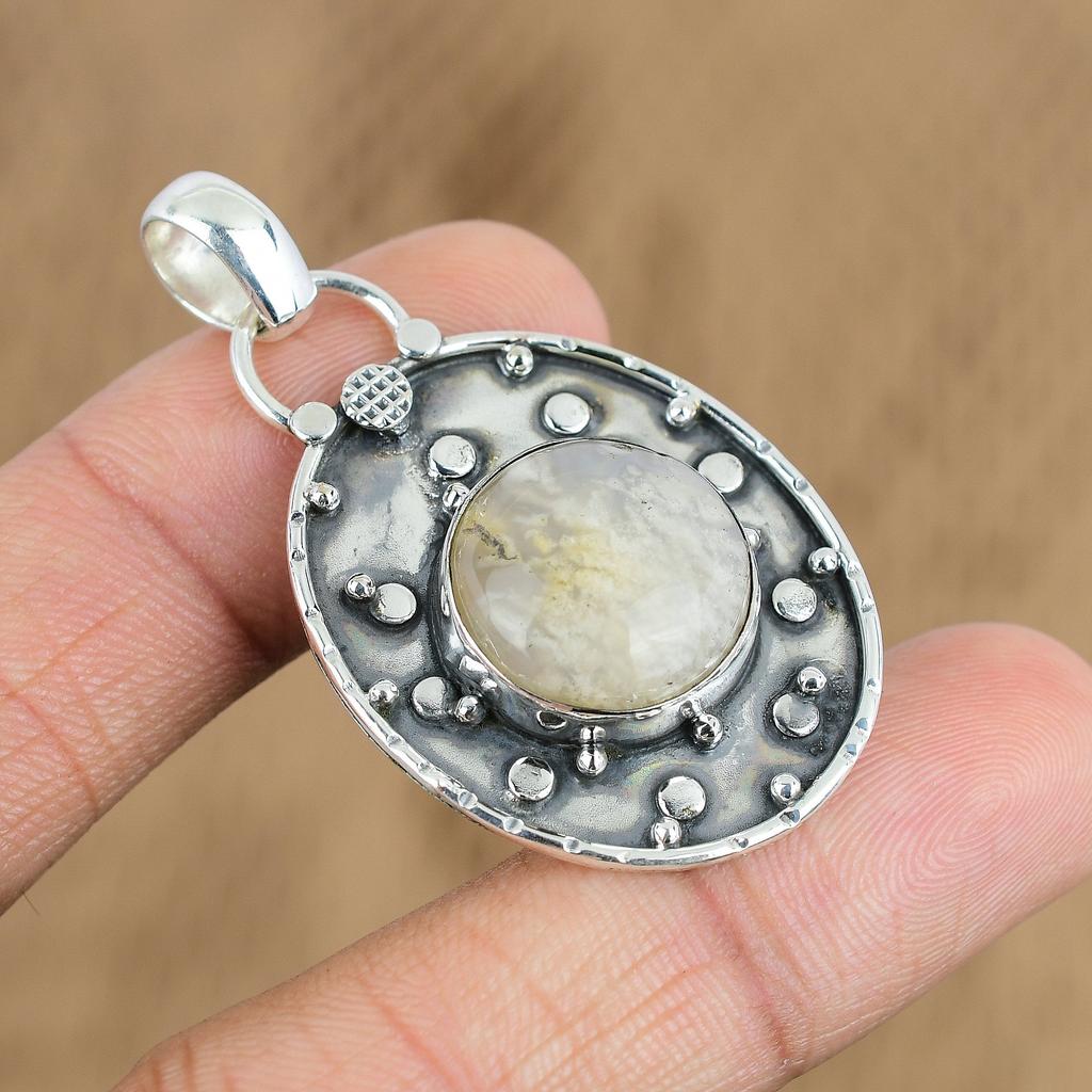 Natural Plume Agate Gemstone Pendant 925 Sterling Silver Jewelry For Women