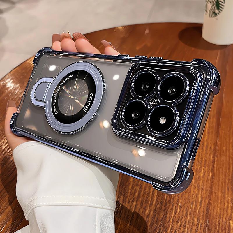 Plating Magnetic Holder Airbag Silicone Transparent Case For Xiaomi 15T Pro 14 13 T Ultra Camera Protect Shockproof Cover