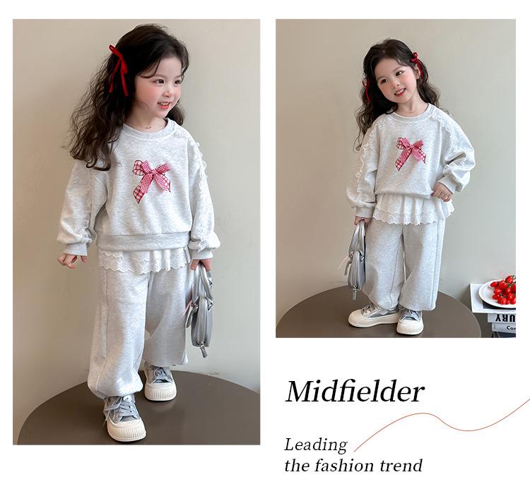 2025 Bow Lace Girls' Sporty Two-Piece Sweatshirt Set for Spring and Autumn
