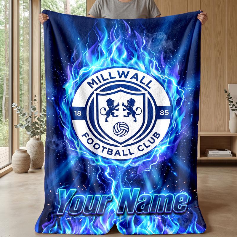 Millwall Custom Name Text Flannel Blanket Soccer Logo Personalized Fleece Throw Blanket Special Gift For Sofa Bedroom Home