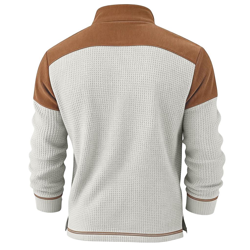 Mens Long Sleeve Knit Henley Shirt Pullover Casual Patchwork Top with Stand Collar