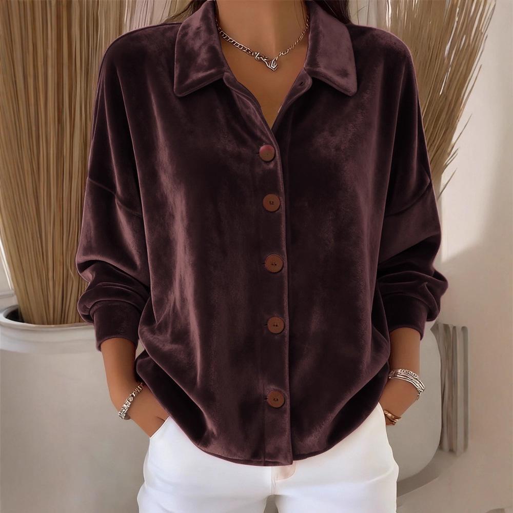Women's Long-Sleeve Gold Velvet Cardigan with Shirt Collar