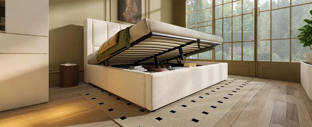 Upholstered Bed 140x200 cm Double with Hidden Cup Holder & Charging Station, Hydraulic with Storage Under the Bed, Linen Beige (Without Mattress)