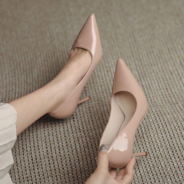 With skirt, small leather shoes, large size nude pointed high heels, women's spring and summer new thin heel cm glossy single shoes