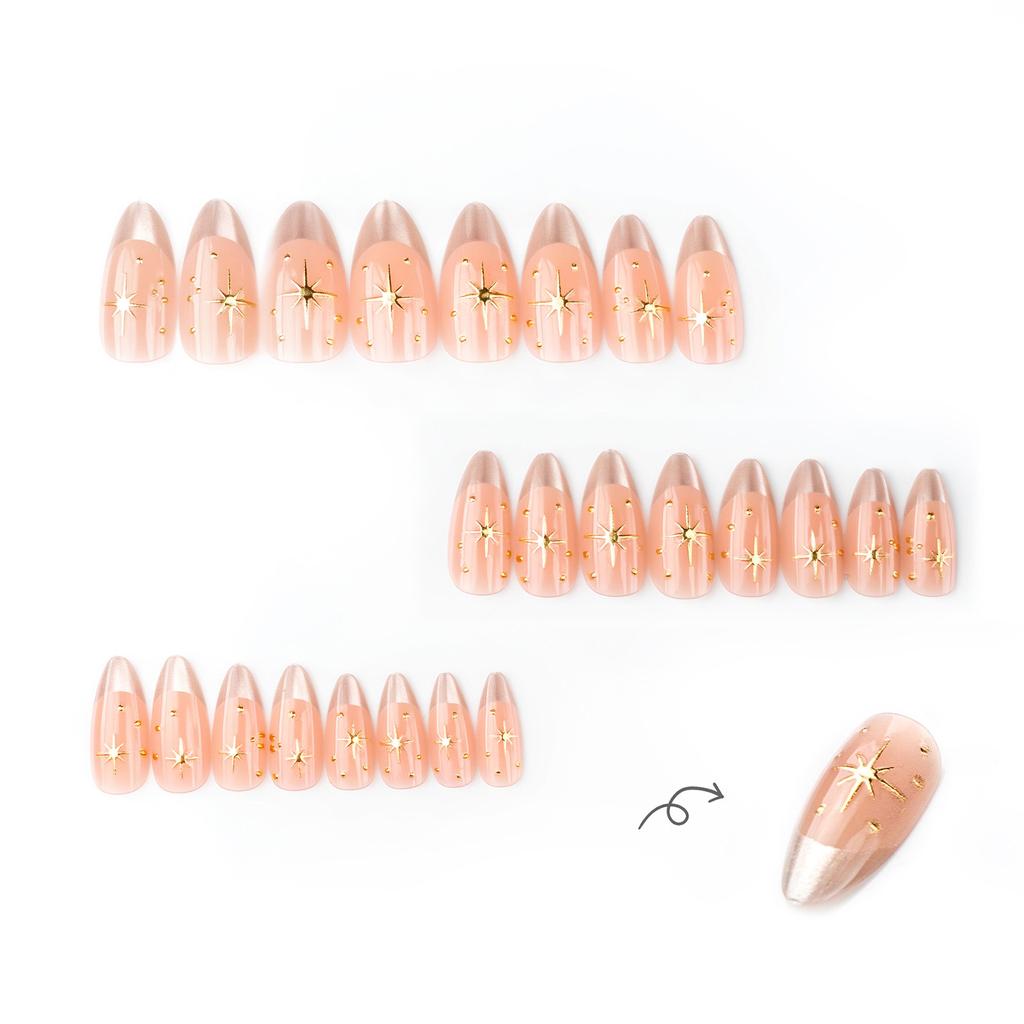 Golden Starry French Cat-Eye Almond False Nails 24 Pieces Elegant Design for Women