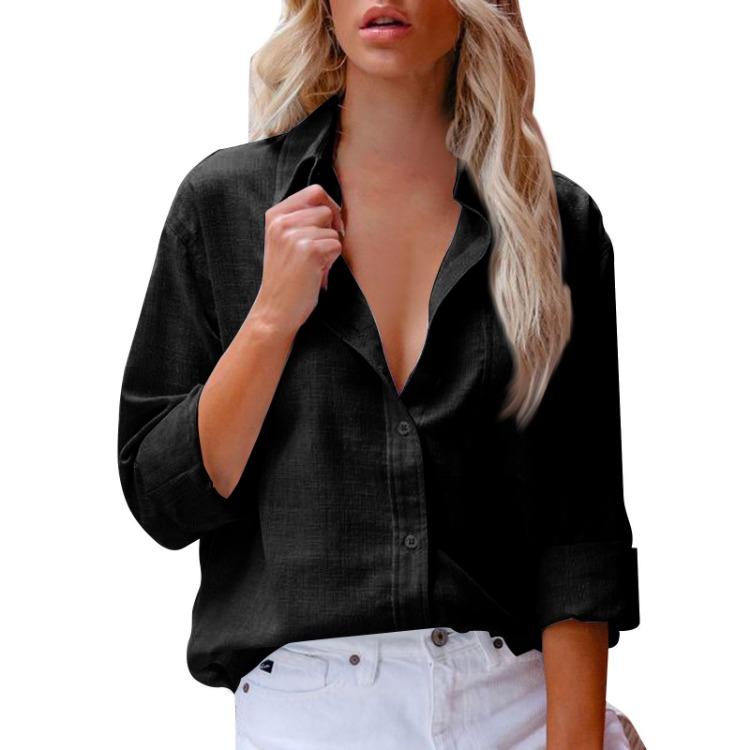 Classic Women's Long Sleeve Cotton Linen Shirt Lapel Button Blouse