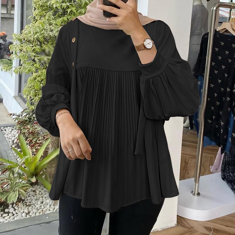 

ZANZEA Женская повседневная блузка с круглым вырезом и длинным рукавом, свободная, плиссированная 5XL чёрный