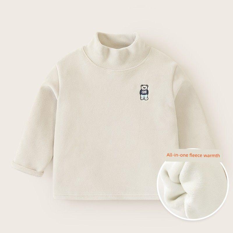 Style Children's T-Shirt with Fleece, Winter Half-High Collar Top, Girls' Base Layer Shirt, Baby Thickened Winter Clothing, Boys' Children's Clothing