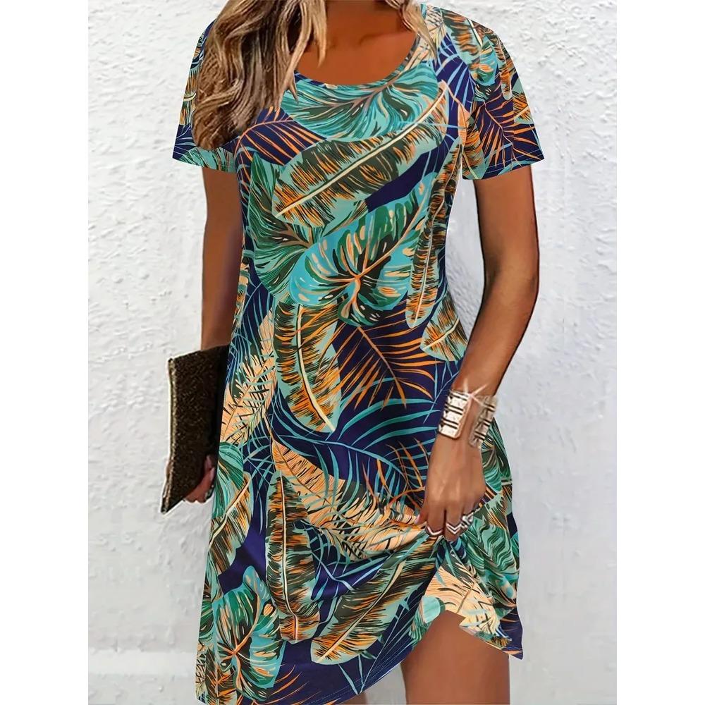Butterfly Flower Patterns Women Mini Dresses Summer Short Sleeve Printed Plus Size Casual Comfortable Soft Dress