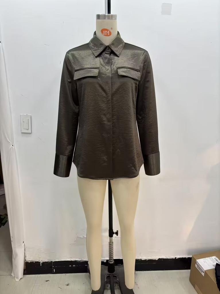European and American women's clothing 1116 spring new lapel versatile retro double pocket long-sleeved shirt shirt