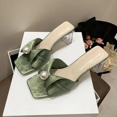 Sandali da Donna con Tacco Super Alto e Punta Quadrata in Perla, Perline di Corda, Tinta Unita, Slip-on, Ciabattina di Nuova Moda, Scarpe Casual Occidentali da Donna