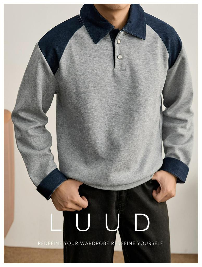 Men's Loose-Fit Lapel Patchwork Hoodie Polo Shirt - Edgy Autumn Long-Sleeve Top