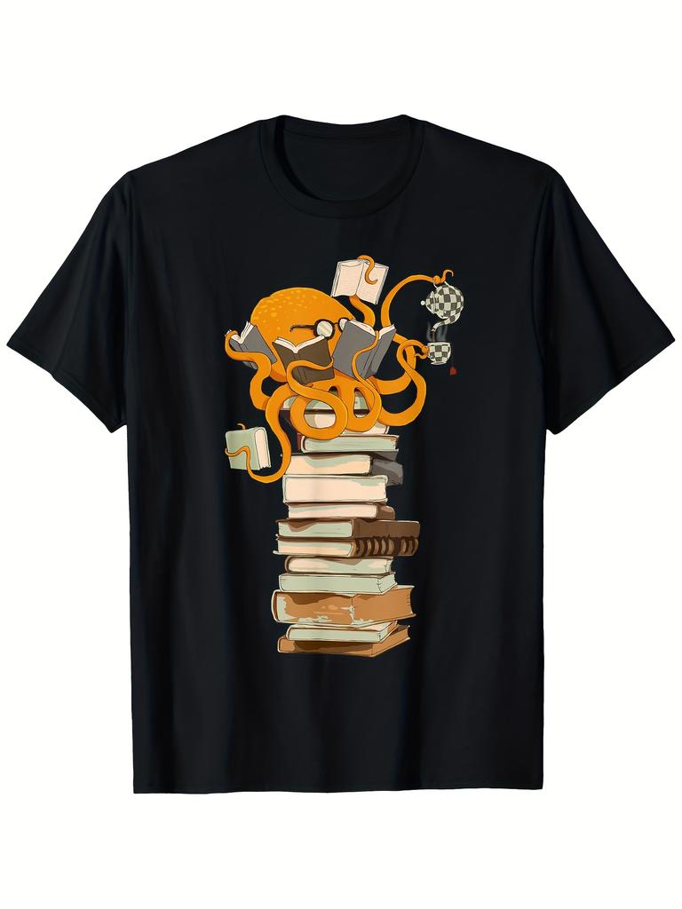 Reading Octopus Graphic Tee Men Casual Crew Neck Soft Cotton Short Sleeve T-Shirt for Book Lovers
