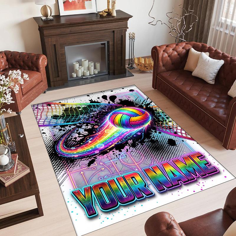 Rainbow Theme Crystal Velvet Floor Rug Personalized Custom Name Text Warm Carpet Home Decoration