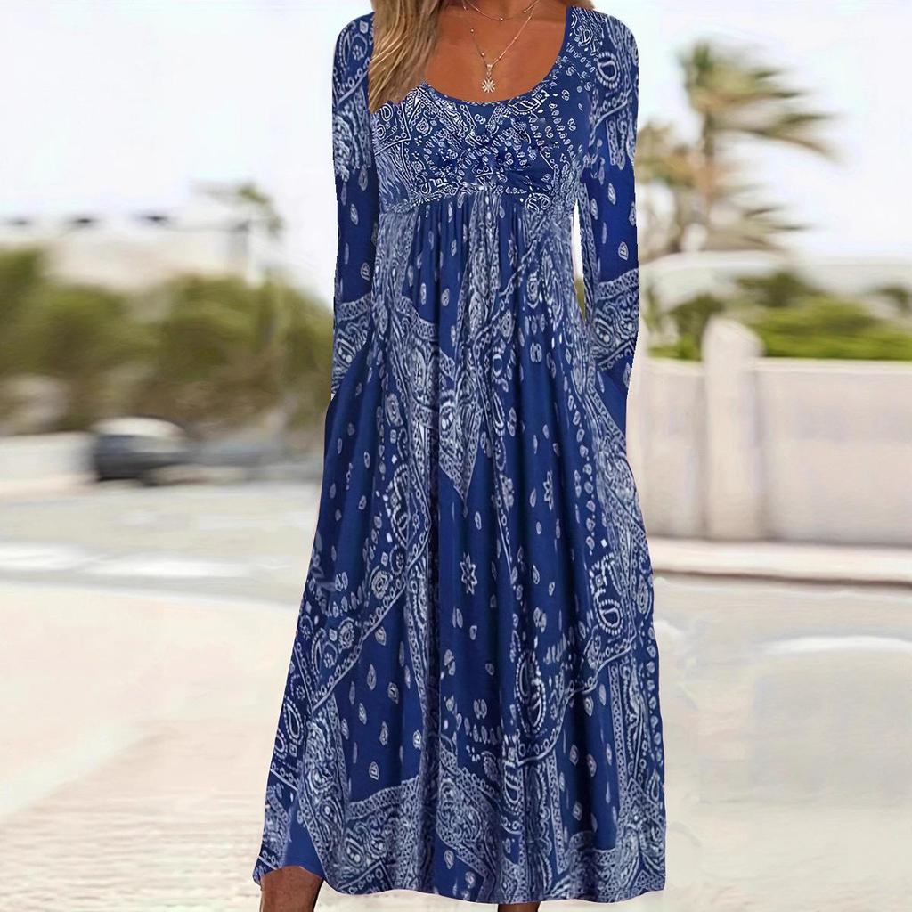 2025 Grenzüberschreitendes europäisches und amerikanisches Herbst-Blumen-Maxikleid mit langen Ärmeln