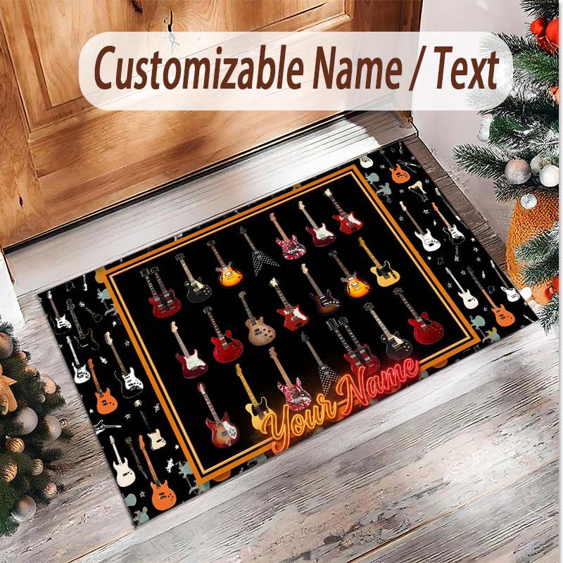 Music Guitar Theme Soft Crystal Velvet Rug Custom Name & Text Print Non Slip Floor Rug for Bedroom Living Room