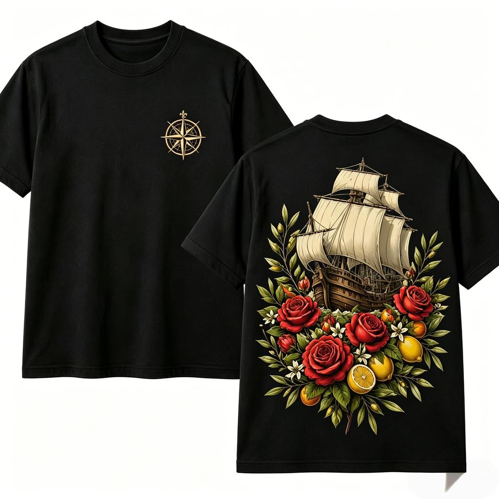 Oversized CasualMen's Retro Galleon & Floral Graphic T-Shirt Breathable Cotton Casual Tee Short Sleeve O-Neck Tops Summer Shirts